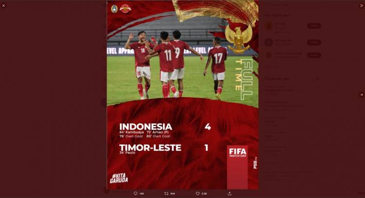 Update Ranking FIFA: Posisi Timnas Indonesia Naik 3 Tingkat Setelah Kalahkan Timor Leste 4-1